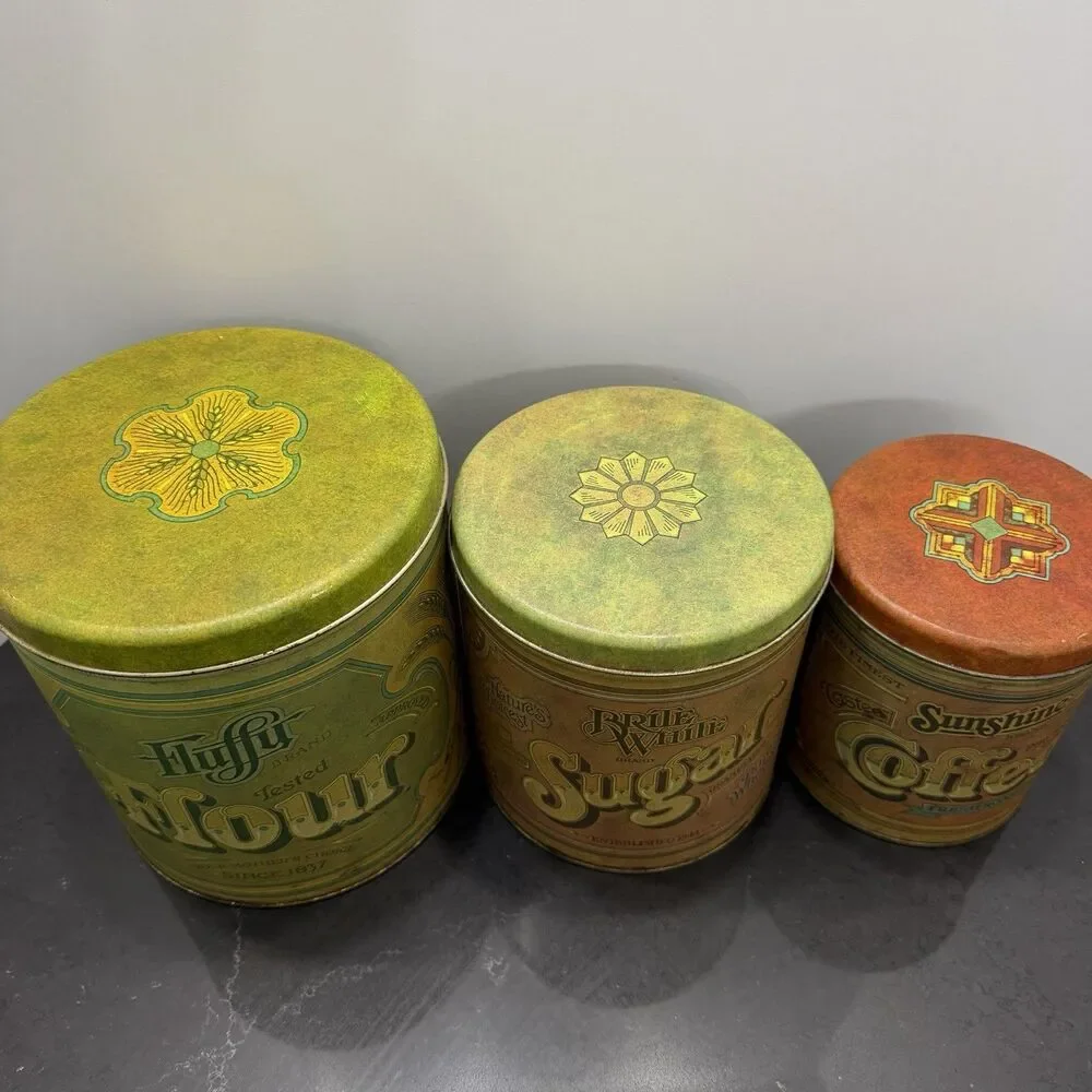 Vintage Ballonoff Flour Sugar Coffee Tin Canister Set MCM Retro Kitchen Litho US